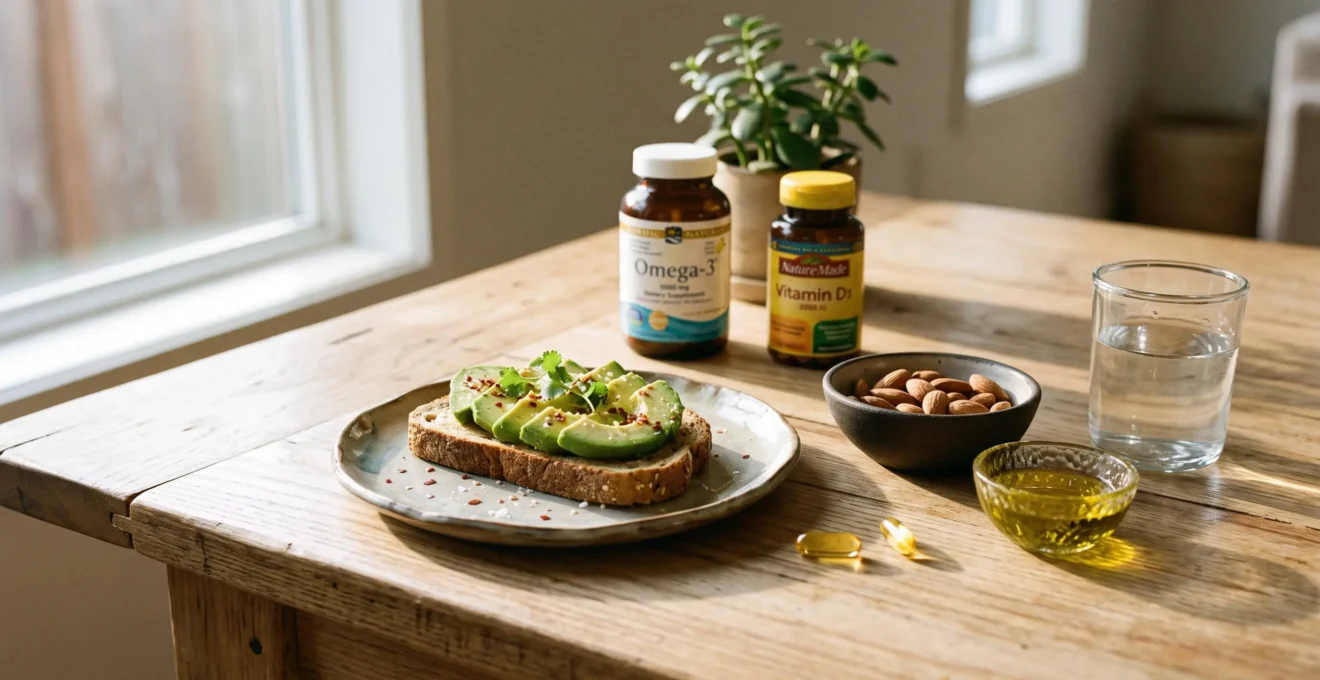 Breakfast table with vitamin D and omega-3 supplements placed beside healthy fats (avocado, almonds) and water, illustrating optimal absorption timing