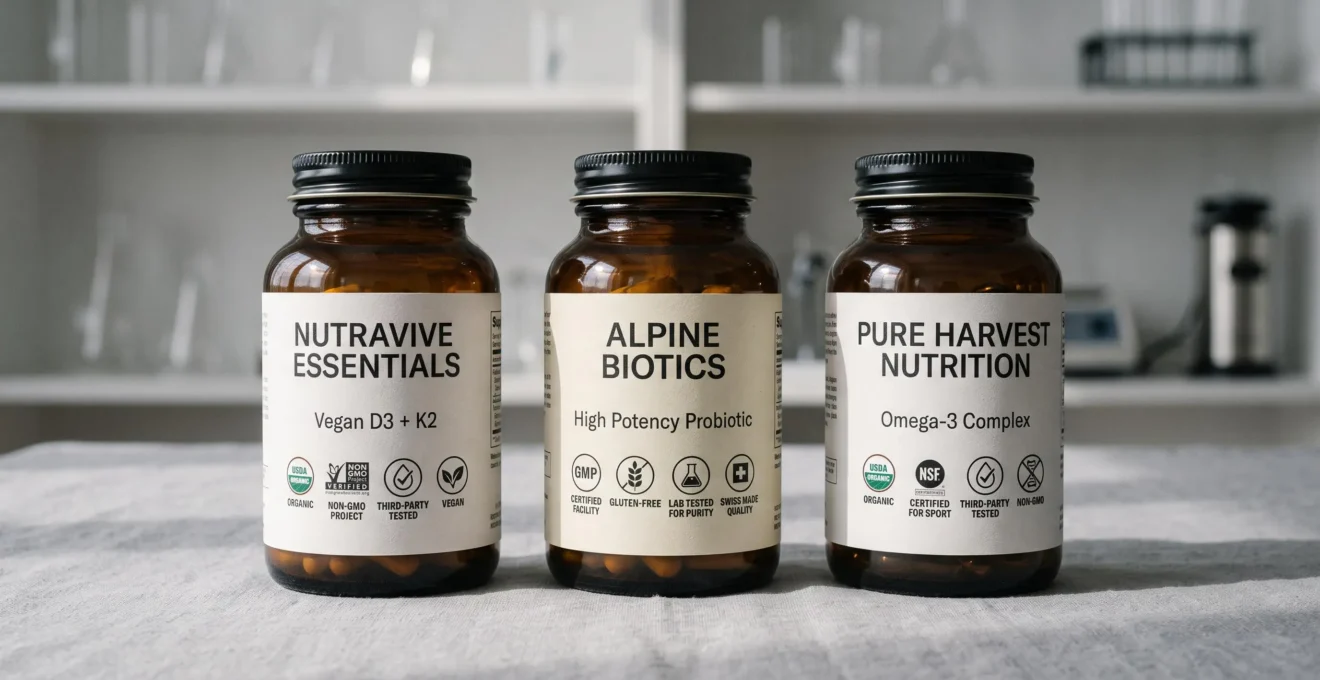 Close-up of natural supplement bottles displaying third-party testing seals, organic certifications, and GMP quality marks clearly visible on labels