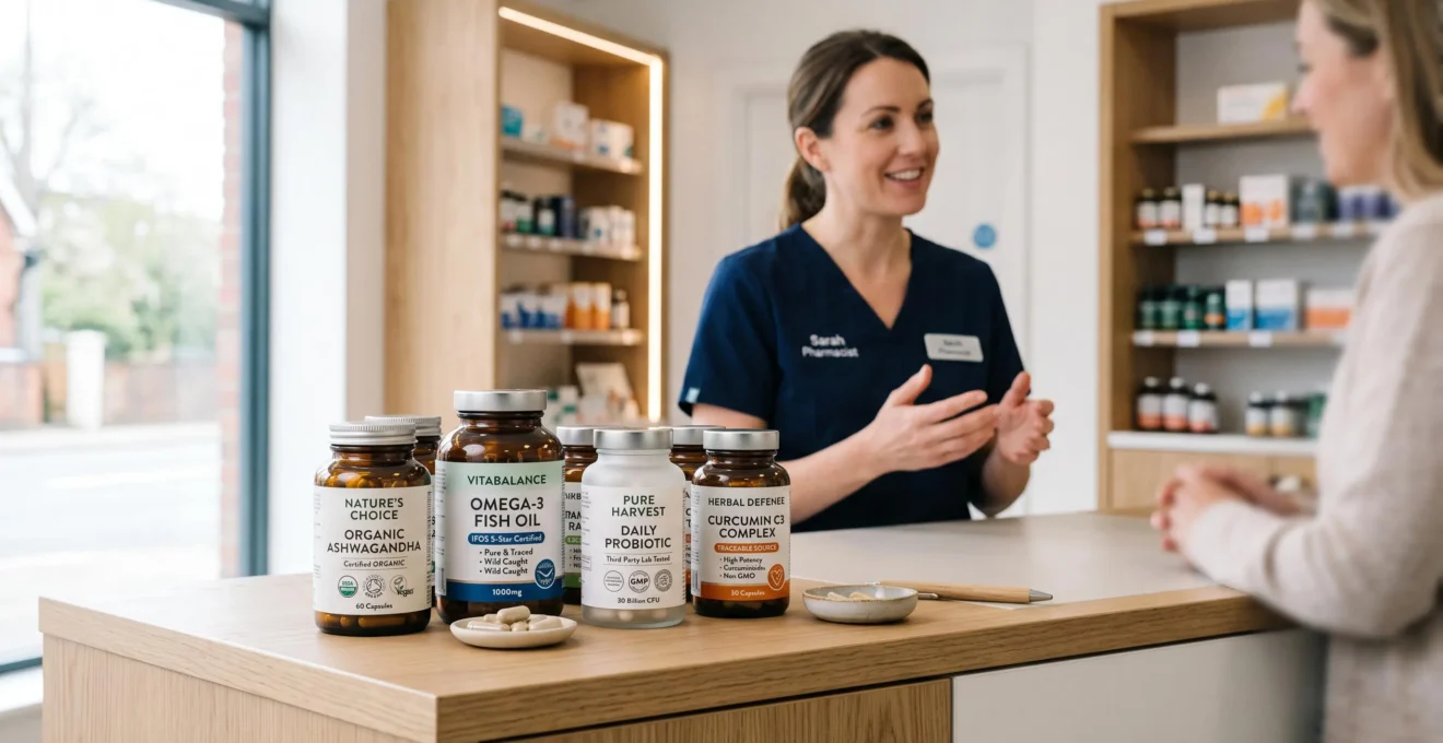 Pharmacy counter displaying natural supplement bottles with visible organic and third-party testing certifications, pharmacist consulting in background, modern UK pharmacy interior