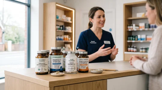 Pharmacy counter displaying natural supplement bottles with visible organic and third-party testing certifications, pharmacist consulting in background, modern UK pharmacy interior