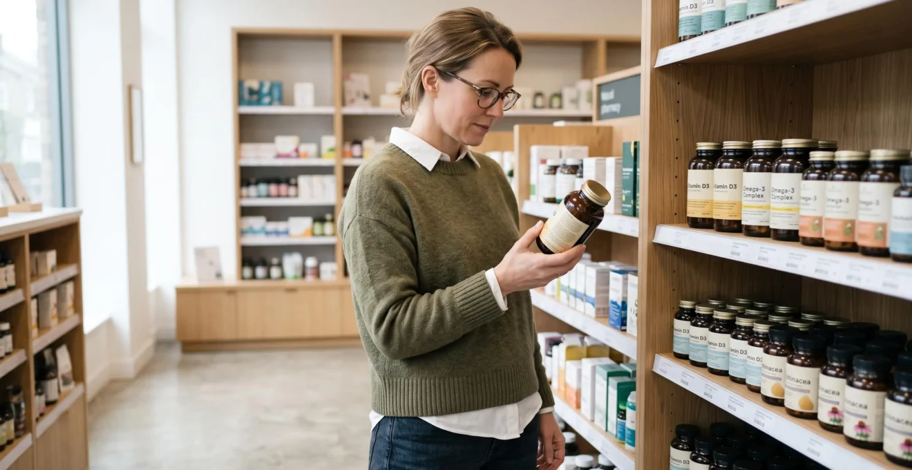 Woman examining supplement label in modern pharmacy aisle, comparing natural health products with focused attention